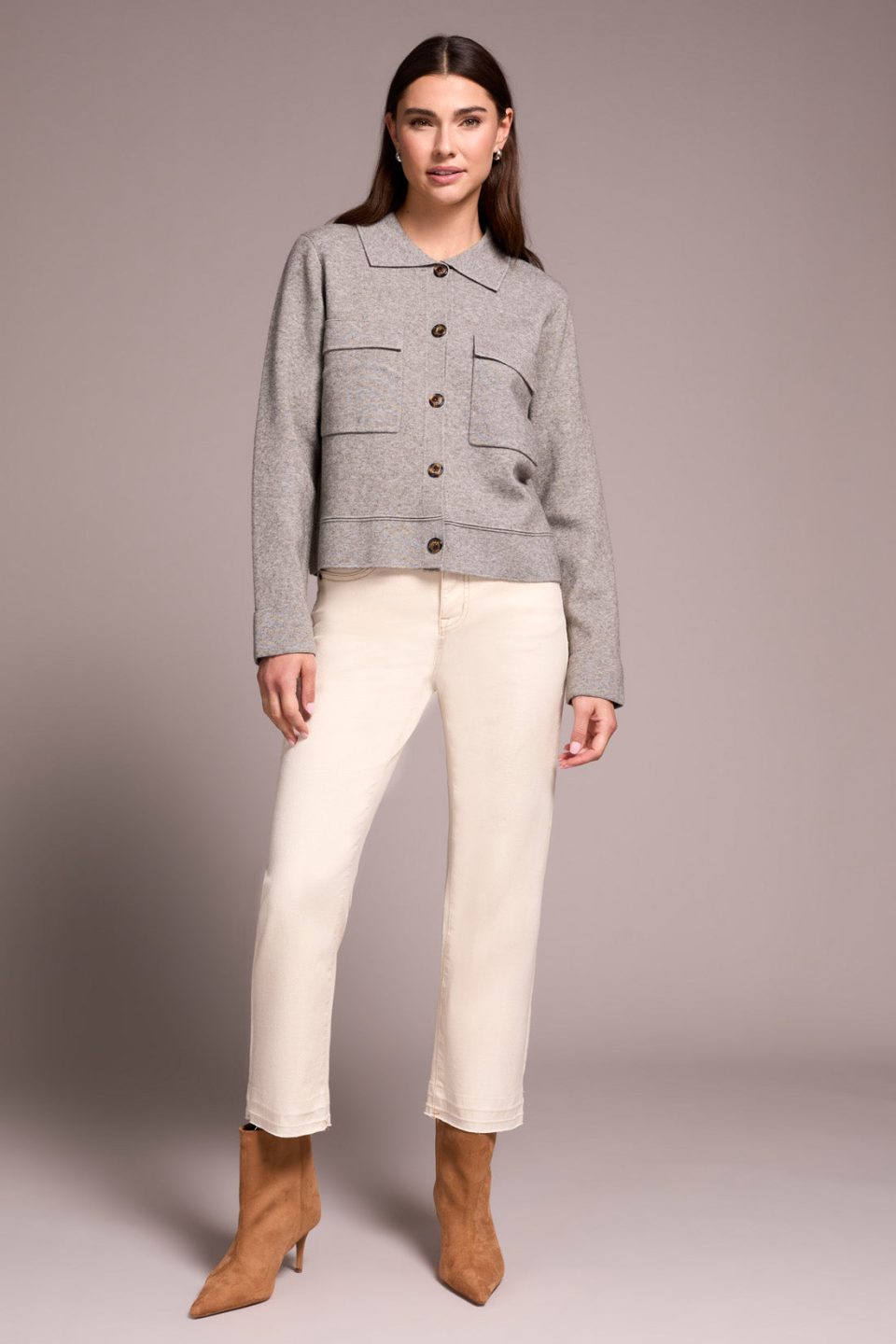 Double Knit Collared Sweater Cardigan-Grey Mix