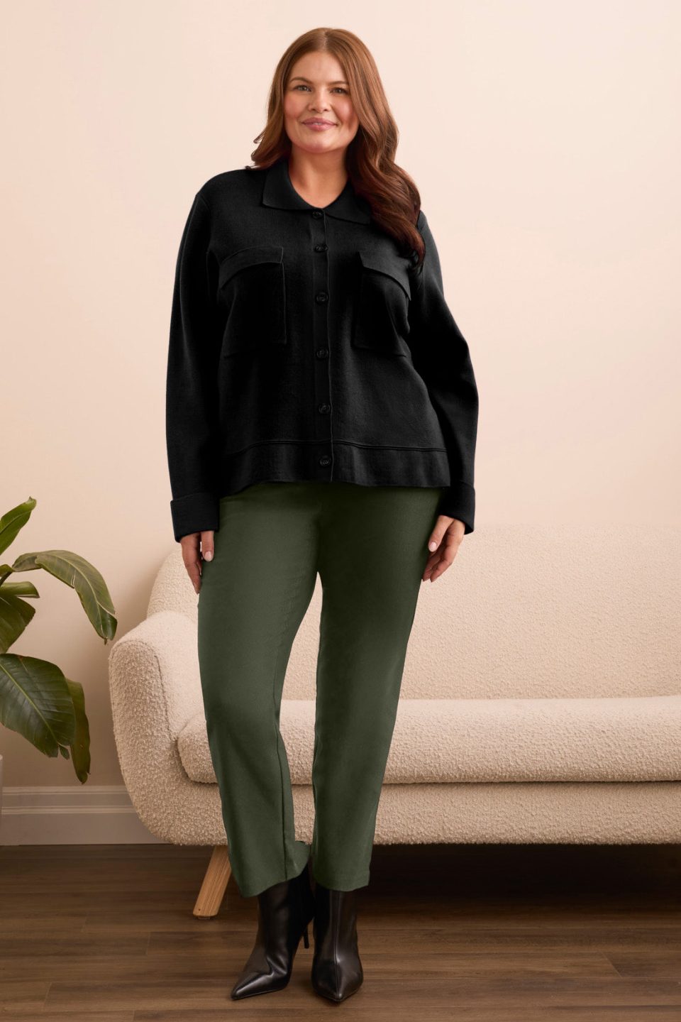 Double Knit Button-Front Cardigan-Black