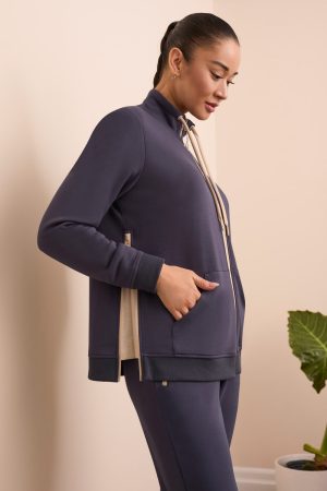 Techno Lux Textured Mock Neck Cardigan-Sapphire