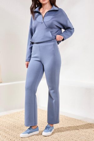 Techno Lux Rib Pull-On Flare Leg Pants-Slateblue