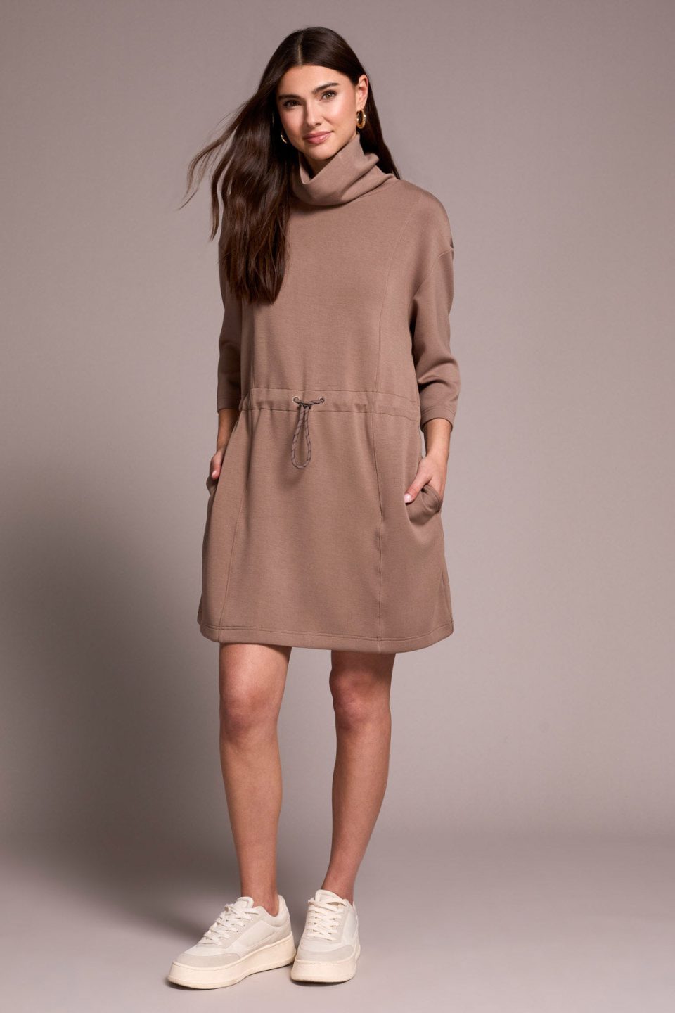 Techno Lux 3/4 Sleeve Funnel Neck Dress With Drawcord-Fossil