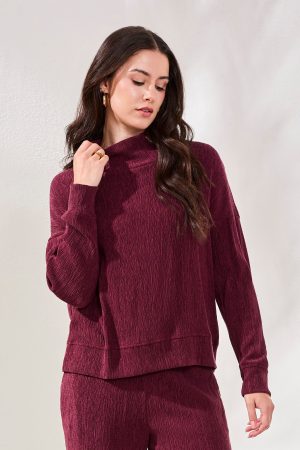 Two-Tone Crinkle Drop Shoulder Mock Neck Top-Wine