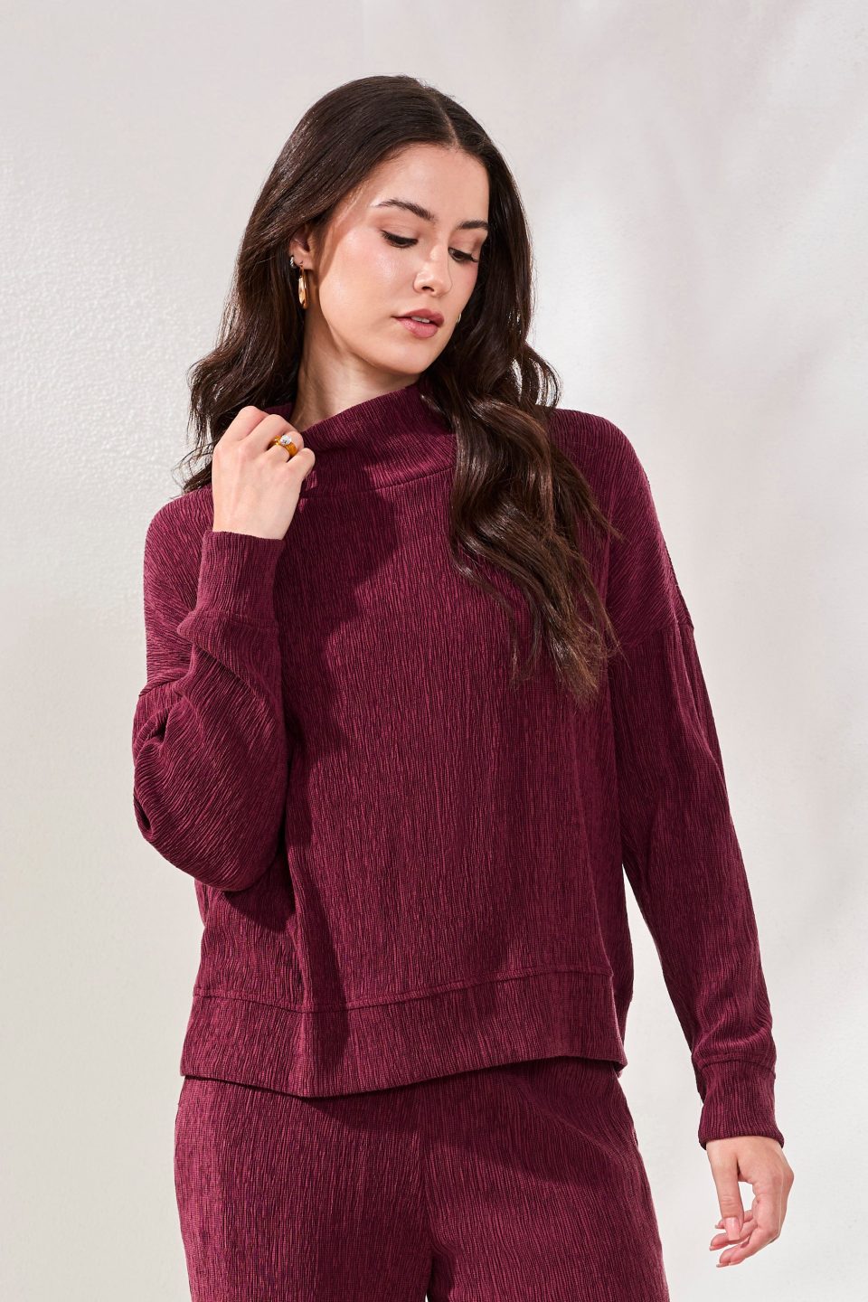 Two-Tone Crinkle Drop Shoulder Mock Neck Top-Wine