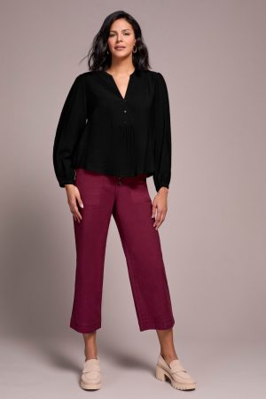 Notched Neck Blouse With Front Placket Detail-Black