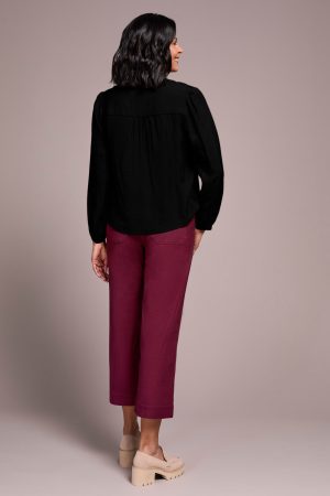 Notched Neck Blouse With Front Placket Detail-Black