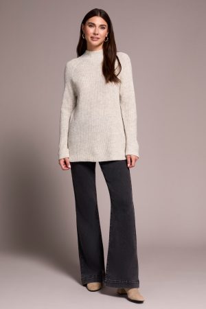 Mock Neck Heathered Knit Sweater With Side Slits-Cream