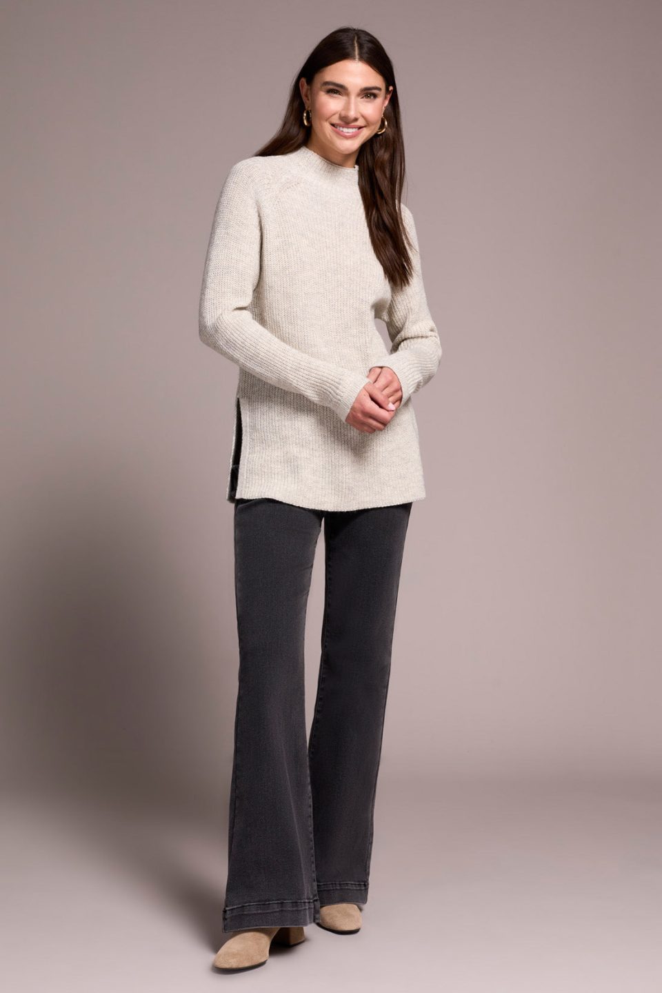 Mock Neck Heathered Knit Sweater With Side Slits-Cream