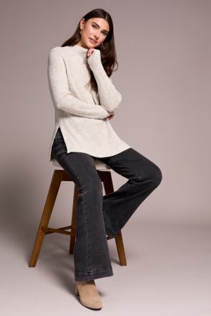 Mock Neck Heathered Knit Sweater With Side Slits-Cream