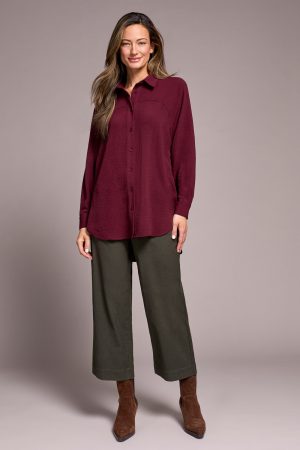 Stretch Woven Flowy Raglan Sleeve Shirt-Passion plum