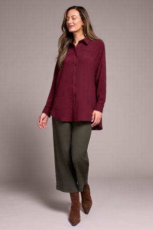 Stretch Woven Flowy Raglan Sleeve Shirt-Passion plum