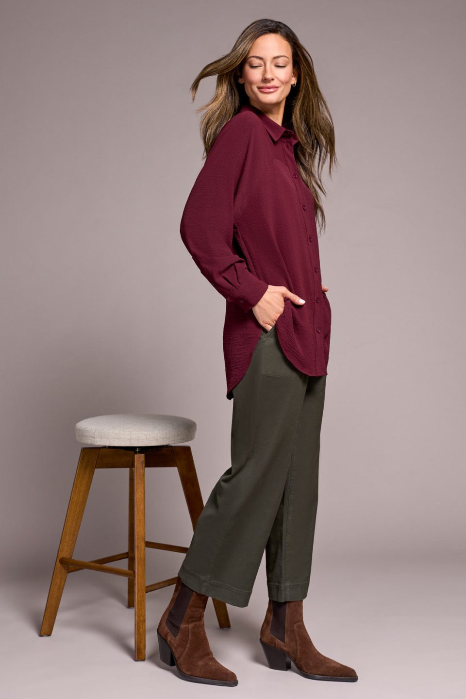 Stretch Woven Flowy Raglan Sleeve Shirt-Passion plum