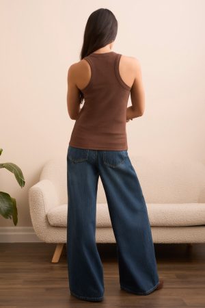 Racer Back Baby Rib Tank Top-Brown