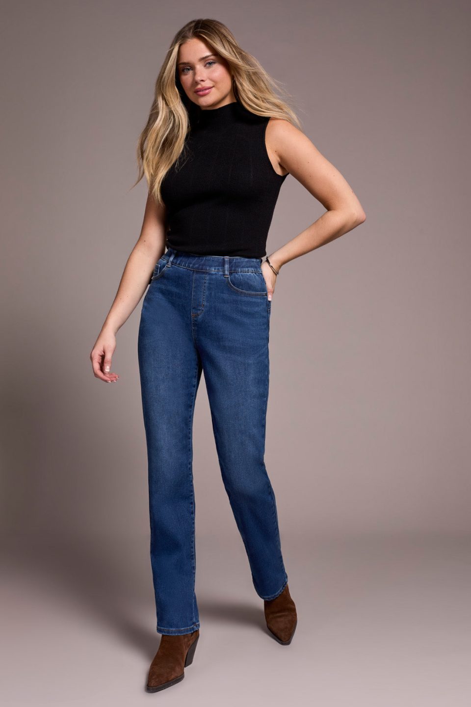 Sophia Curvy Boundless Stretch Denim Pull-On Straight Leg Jeans-Darknight