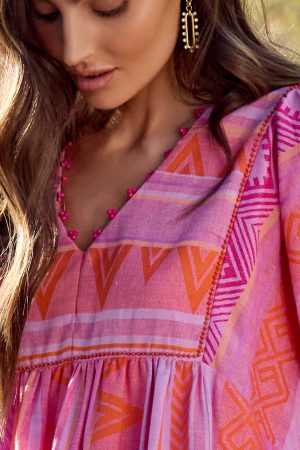 Cotton Summer Dress With Beaded Neckline-Veryberry