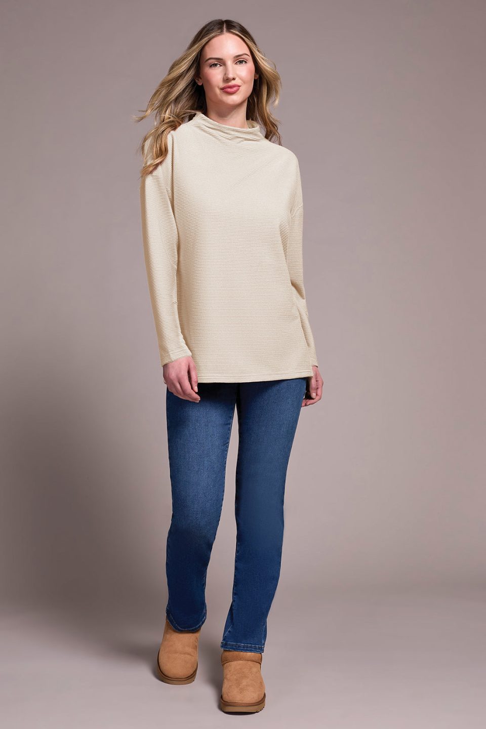 Ottoman Knit Drop Shoulder Cowl Neck Tunic-Eggshell