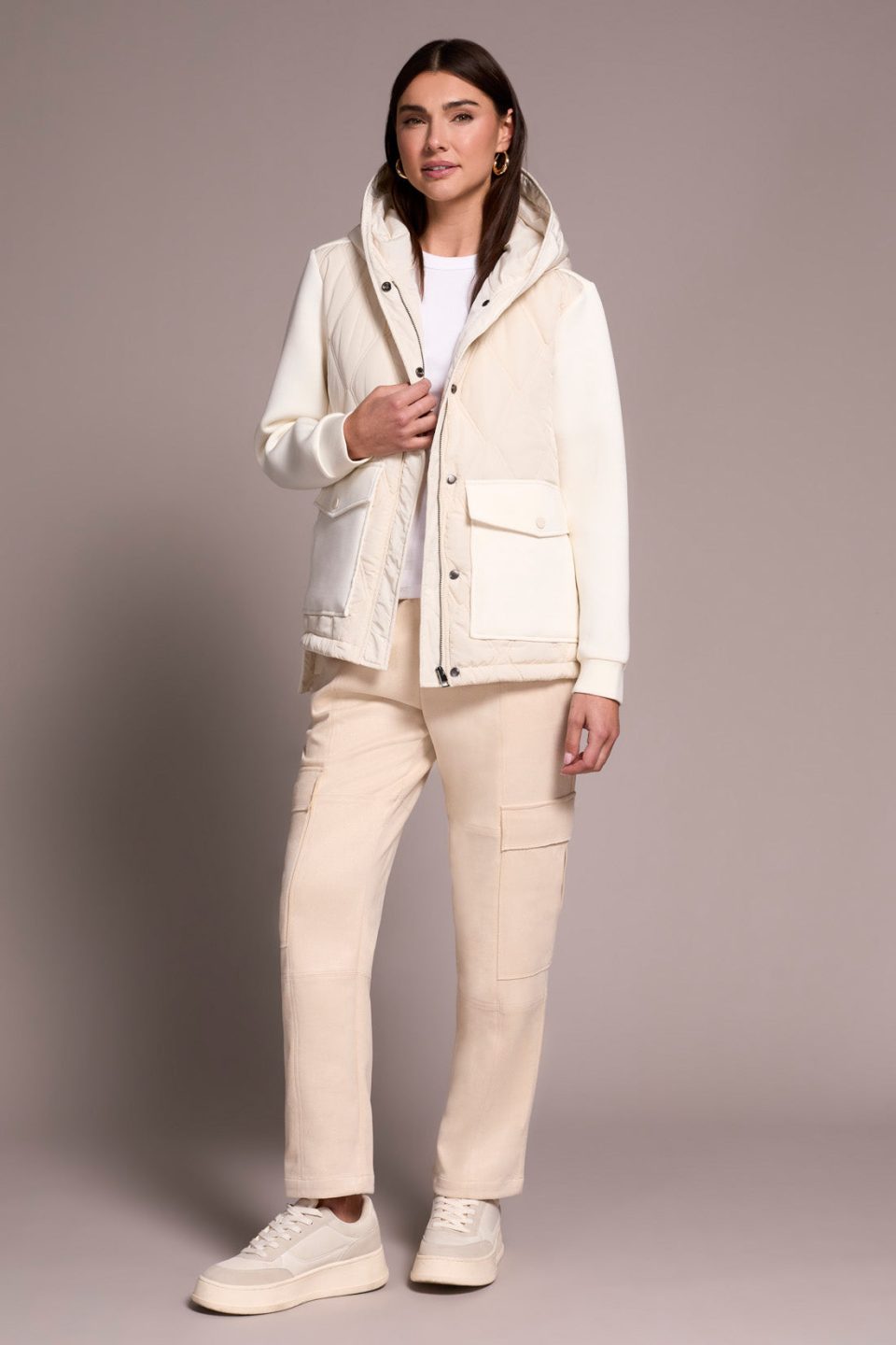 Quilted-Front Combo Puffer Coat-Cream