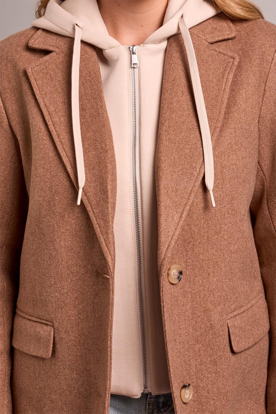 Ultra-Soft Knit Coat With Removable Fooler Hoodie-Biscotti