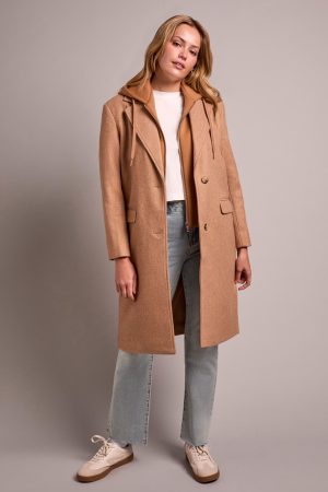 Ultra-Soft Knit Coat With Removable Fooler Hoodie-Almond Latte
