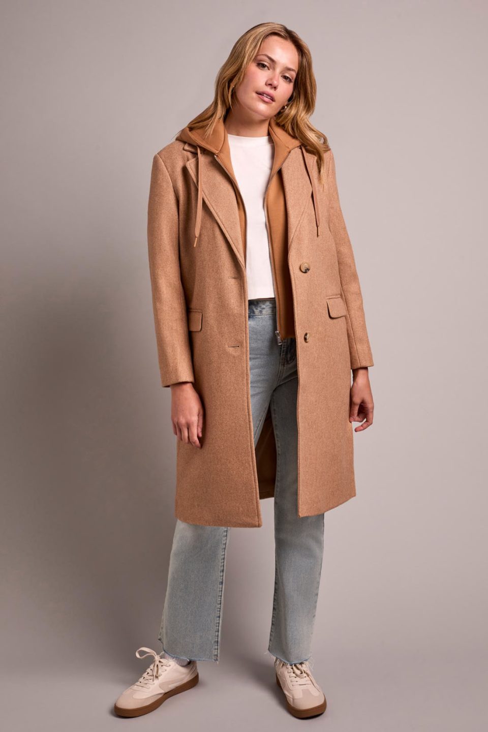 Ultra-Soft Knit Coat With Removable Fooler Hoodie-Almond Latte