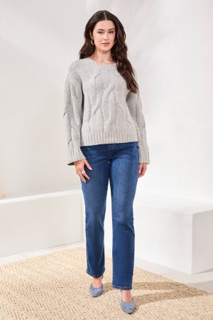 Cable-Knit Textured Crewneck Sweater-Grey mix
