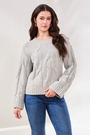 Cable-Knit Textured Crewneck Sweater-Grey mix