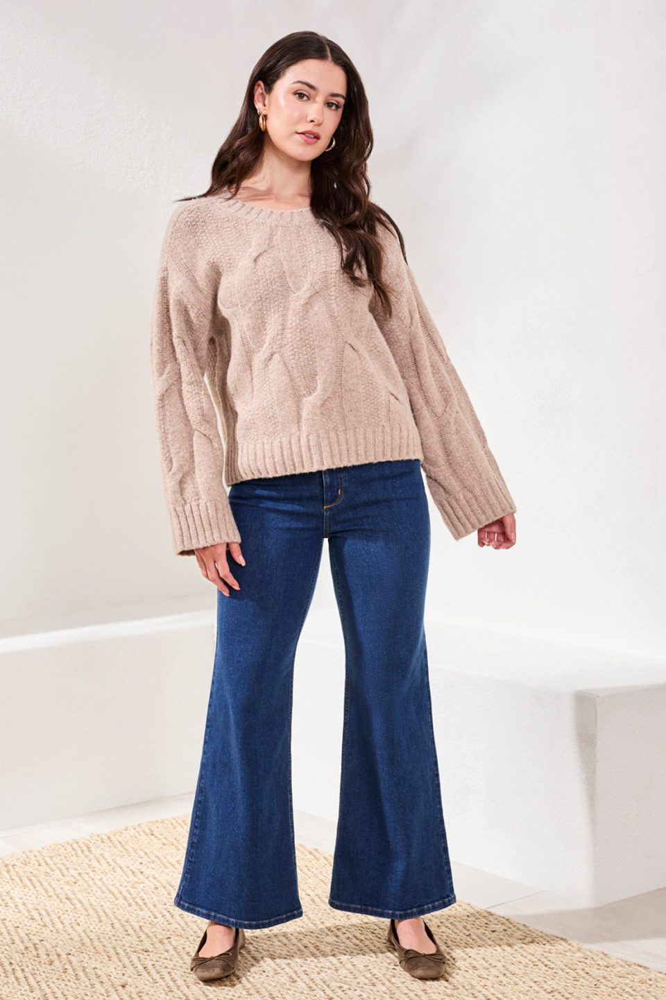 Cable-Knit Textured Crewneck Sweater-H almond latte