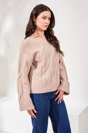 Cable-Knit Textured Crewneck Sweater-H almond latte