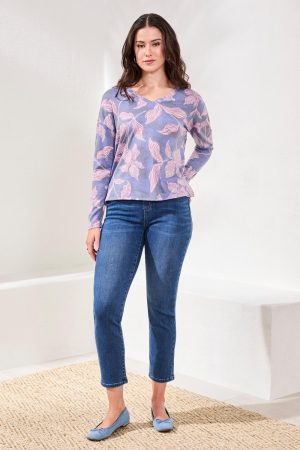 Fuzzy Soft V-Neck Combo Print Knit Top-Lapisblue