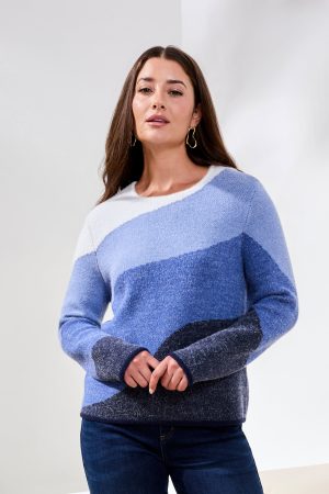 Fuzzy Double Knit Crew Neck Sweater-Lapisblue