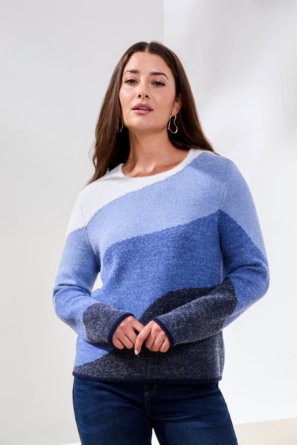 Fuzzy Double Knit Crew Neck Sweater-Lapisblue