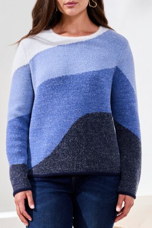 Fuzzy Double Knit Crew Neck Sweater-Lapisblue
