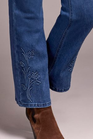 Audrey High Rise Kick Flare Jeans With Embossed Flower Detail-Softnavy