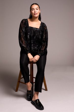 Chiffon Square Neck Puff Sleeve Blouse-Black