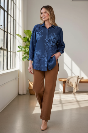 Tencel Printed Button-Up Chambray Blouse-Dkchambray