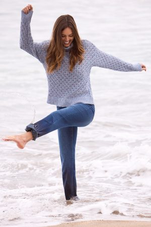 Puff Sleeve Turtleneck Open Crochet Sweater-M blueviolet