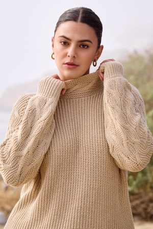Cable Knit Mock Neck Sweater-H latte