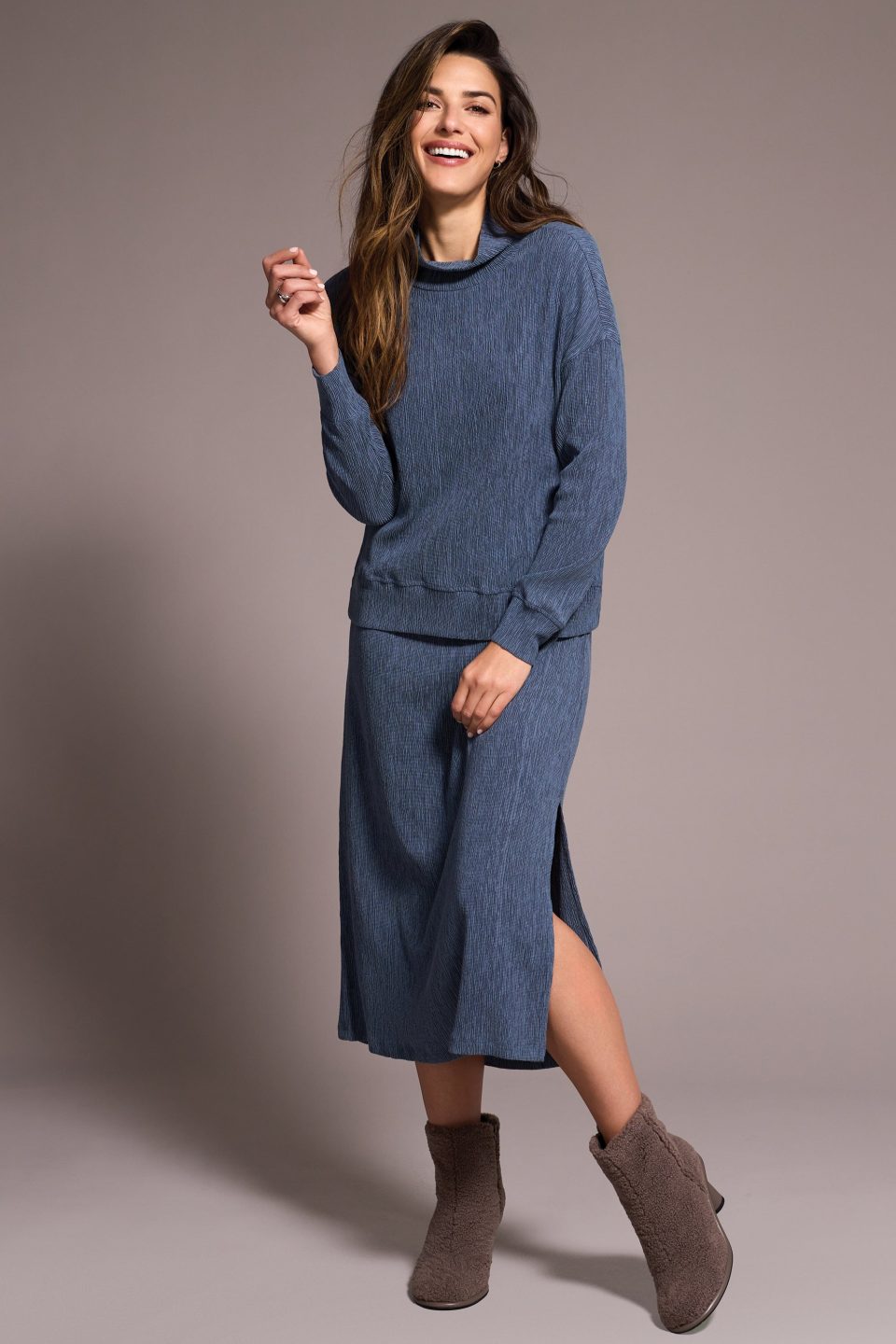 Two-Tone Crinkle Drop Shoulder Mock Neck Top-Slateblue