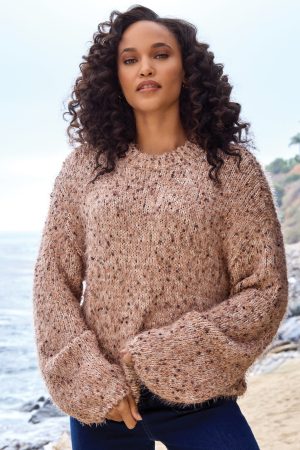 Fuzzy Eyelash Drop Shoudler Puff Sleeve Sweater-M almond latte