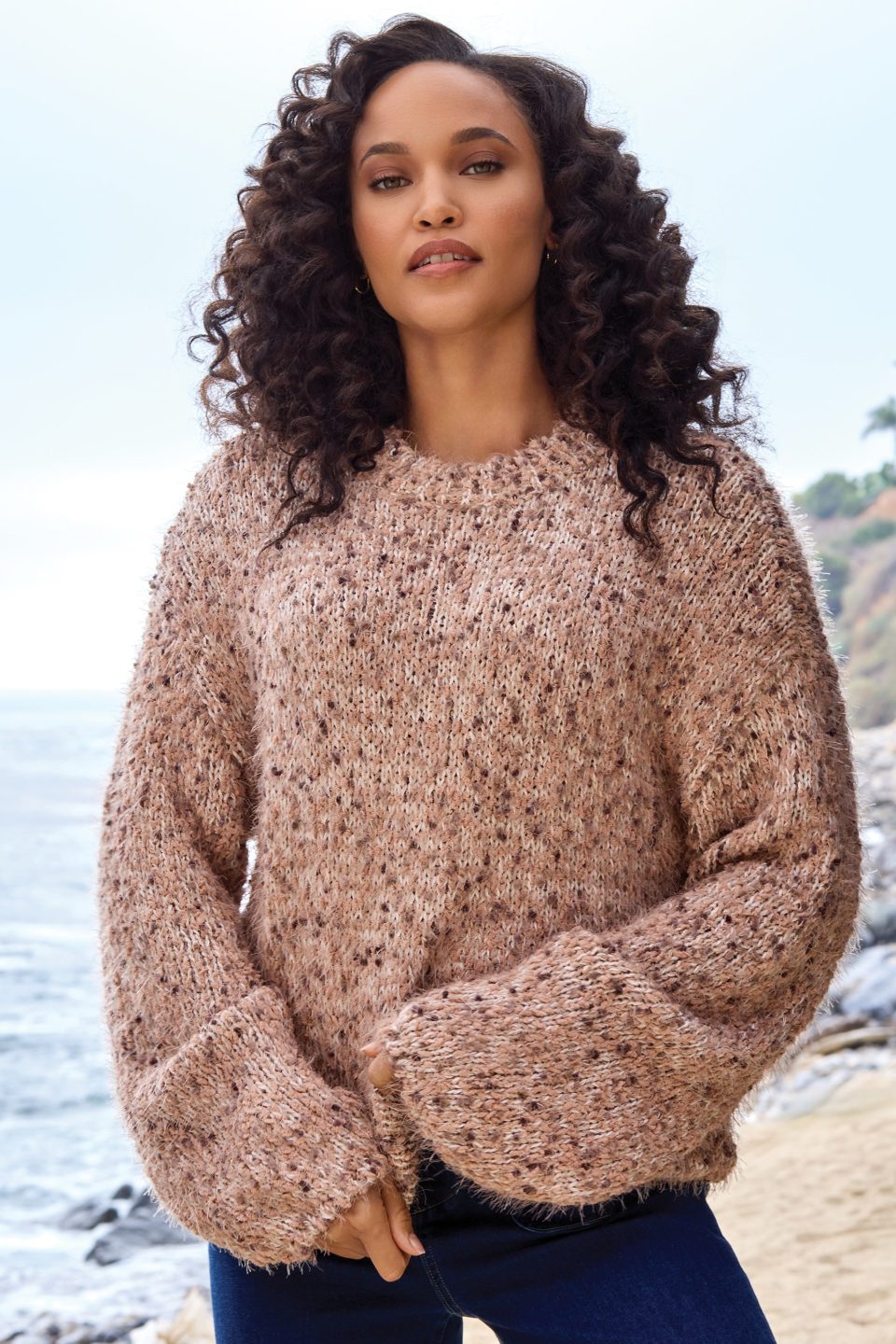 Fuzzy Eyelash Drop Shoudler Puff Sleeve Sweater-M almond latte