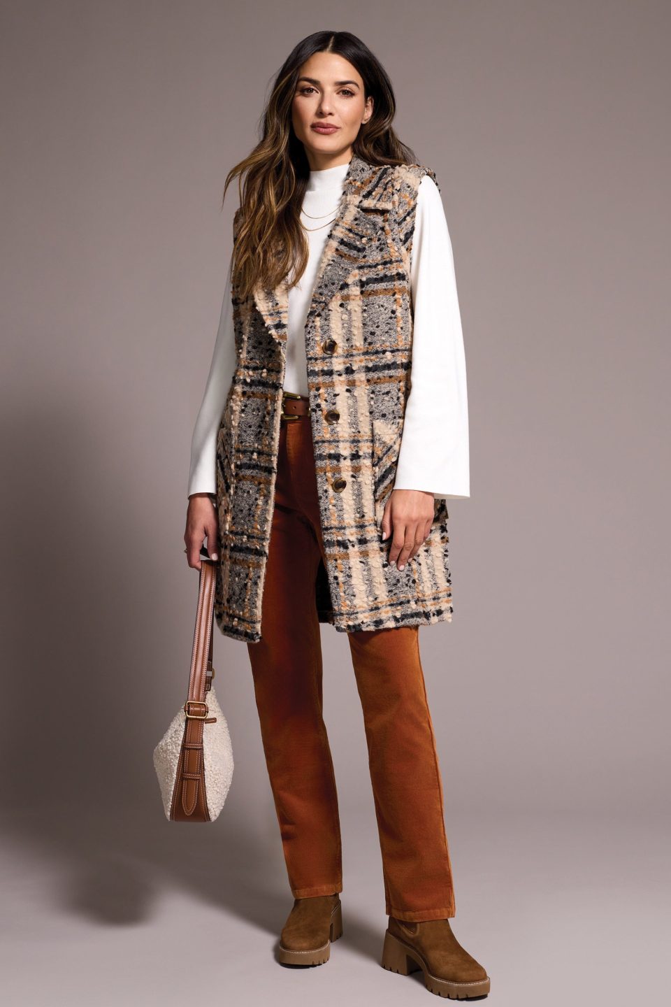 Textured Plaid Wide Notch Collar Long Vest-Sandstone