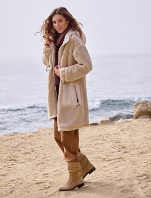 Faux Sherpa Zip-Front Hooded Coat With Drawcord-Sandstone