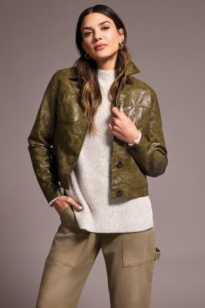 Faux Leather Button-Front Collar-Accent Jacket-Oliveleaf