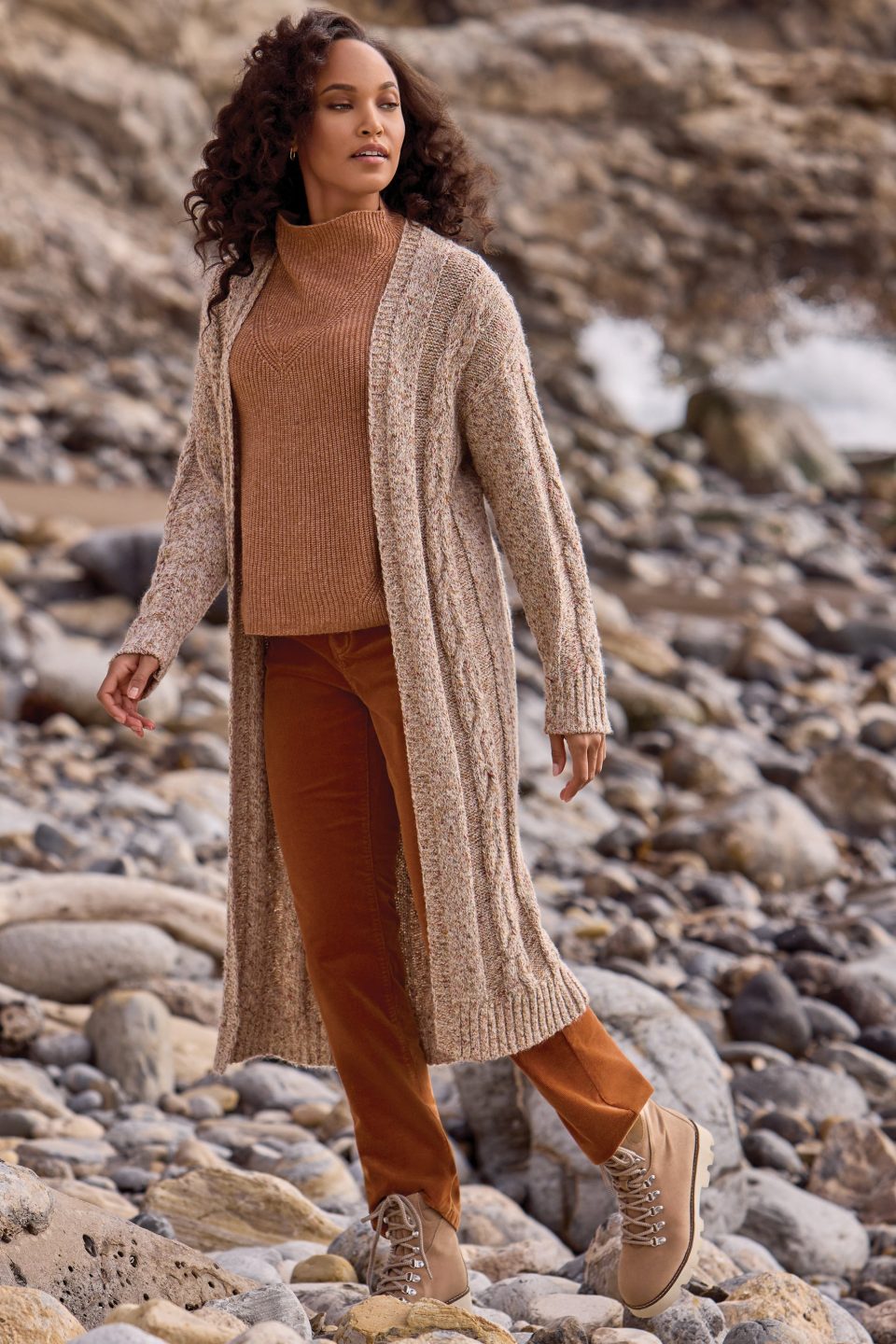 Textured Multicolor Long Sweater Cardigan-M oatmeal