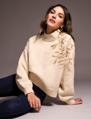 Sequin Floral Applique Mock Neck Sweater-H latte