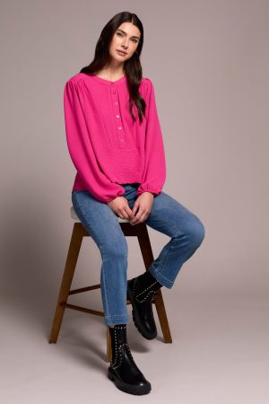Airflow Long Sleeve Mandarin Collar Blouse-Cherrypink