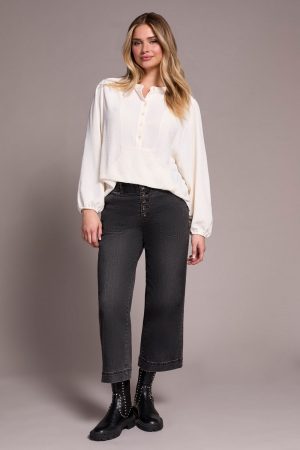 Airflow Long Sleeve Mandarin Collar Blouse-Eggshell