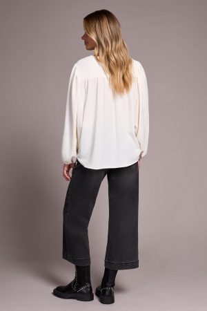 Airflow Long Sleeve Mandarin Collar Blouse-Eggshell