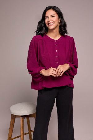 Airflow Long Sleeve Mandarin Collar Blouse-Plumwine