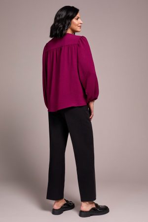 Airflow Long Sleeve Mandarin Collar Blouse-Plumwine