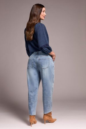 Audrey Distressed Barrel Stretch Jeans-Washedblue